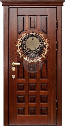 Металлическая дверь с ковкой и стеклом, отделка — массив дуба-ДВ-683
